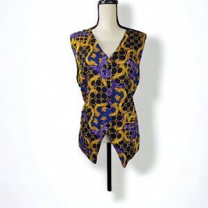 Vintage Damask Tapestry Sleeveless Button-Front Vest  Women's Large Purple and G